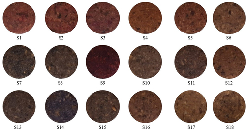 Figure 5. Visible appearance of steamed PBM patties incorporated with natural pigments. S1 = Dilute Red 1, S2 = Dilute Red 2, S3 = Red color CG2, S4 = Paprika, S5 = Monascus Color No.30, S6 = Red RR, S7 = Purple Grape, S8 = Cherry Red, S9 = Monascus Color 100, S10 = Red Cabbage (liquid), S11 = Red Cabbage 100, S12 = AF Beet Red 30, S13 = Grape skin Color, S14 = Red Color PB, S15 = Sample Anthocyanin (Sample A), S16 = Sample Fe-pheophytin, S17 = Myoglobin (control).