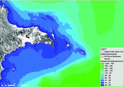 Figure 8. Caspian sea bathymetry for the area of the Oil Rocks Settlement, Chilov and Pirallahi Islands.