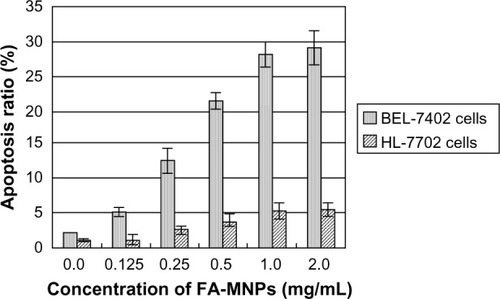 Figure 3 Apoptosis of both BEL-7402 cells and HL7702 cells treated by FA-MNPs at different concentrations for 24 hours and then combined with an ELF-EMF for 150 minutes.Abbreviations: FA, folic acid; MNPs, magnetic nanoparticles; ELF-EMF, extremely low-frequency electromagnetic field.