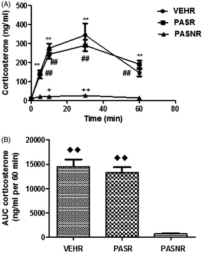 Figure 2. Effects of restraint stress upon plasma corticosterone levels in rats treated with pasireotide. VEH (N = 9): control rats submitted to restraint stress; PASR (N = 8): pasireotide-treated rats submitted to restraint stress. PASRN: pasireotide-treated rats receiving a 0.9% saline infusion and not submitted to restraint stress. **p < .01 for comparisons with baseline; ##p < .01 for comparisons with baseline; +p < .05 for comparisons with baseline; ++p < .01 for comparisons with baseline; ♦♦p < .01 for comparisons with PASNR.