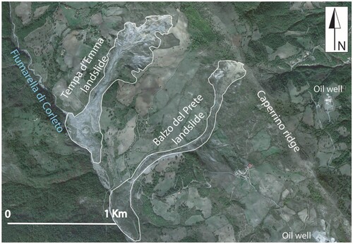 Figure 3. Example of landslides affecting the left slope of the Fiumarella di Corleto (Google Earth image). The Tempa d’Emma and Balzo del Prete earth flows involve different lithologies and infrastructures such as buildings, roads, etc.