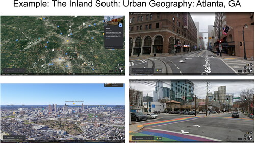 Figure 3. Urban geography examples of Atlanta, Georgia, from the Inland South sub-region virtual field trip in Google Earth. Clockwise from top right: Google street view of Peachtree Street in downtown central business district of Atlanta, Georgia; Google street view of intersection of Tenth Street NE and Piedmont Avenue NE in Midtown Atlanta, Georgia; 3D view of Atlanta skyline as seen from the southeast looking northwest toward Kennesaw Mountain; 2D view of Atlanta metro area. Map data: Google, Landsat / Copernicus, Data SIO, NOAA, U.S. Navy, NGA, GEBCO.