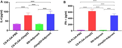 Figure 6 Cytokine levels, IL-4 (A) and IFN-γ (B) concentrations released from splenocyte supernatants of the adjuvant control and immunized groups. In all studies, ***P < 0.001.