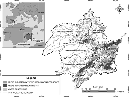 Figure 1. Hydrological and irrigated areas in the Segura basin. Source: Own elaboration with data from the Segura River Basin Authority.Note: TST = Tagus-Segura Transfer.