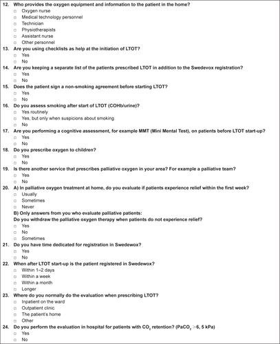 Figure S1 English translation of the web-based questionnaire from 2014.Note: Intervention code AG062: this is a health code that refers to start of oxygen treatment.Abbreviations: LTOT, long-term oxygen therapy; PaCO2, partial pressure of arterial carbon dioxide.