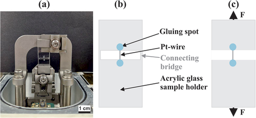 Figure 3. (a) Pt-wire glued on the sample holder and vertically mounted in the DMA device and (b-c) schematic depiction of the sample setup (b) before the measurement with still present connecting bridges and (c) during the measurement after melting of the connecting bridges.