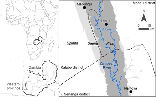 Figure 1. Mapungu, Lealui and Nalitoya communities located along the Barotse Floodplain in Western Province, Zambia. Upland (white), Saana (light grey), and Plain (dark grey) are the three main sections in which local knowledge divides the Floodplain. Winkel Tripel projection.
