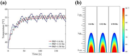 Figure 13. Simulation results at point 2 (15 mm away) for (a) the temperature elevation and (b) the temperature distribution with the various PRF conditions (US settings of 20 W electric power, 50% duty ratio of the third harmonic frequency, treatment 180 s).