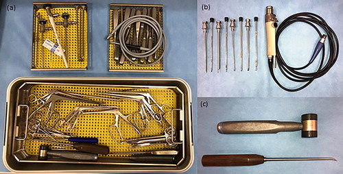 Figure 3. Showing complete arthroscopy instrument kit (a), synovial resector handpiece with variety of resusable blade attachments (b), mallet and microfracture awl (c).