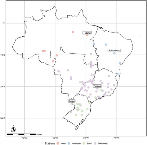 Figure 1. Location of streamflow stations. Key stations are highlighted (triangles) and labelled. The stations colour represents its region according to ONS standards