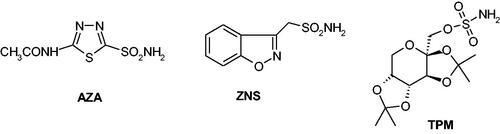 Figure 2. Sulphonamide/sulfamate CAIs in clinical use: acetazolamide (AAZ), zonisamide (ZNS) and topiramate (TPM).