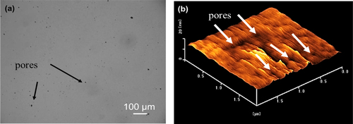 Figure 2. Surface topography of the a-BC:H film measured by optical microscopy (left) and AFM (right).