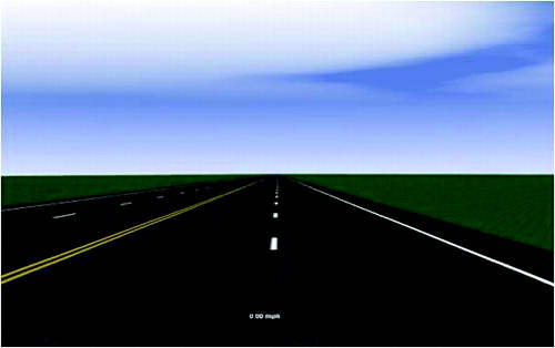 FIGURE 1. Screen capture of simulated driving environment. Participants used a steering wheel and gas or brake pedals to control the vehicle. They were instructed to keep their vehicle in the center of the right-most lane despite experiencing perturbations that induced heading changes.