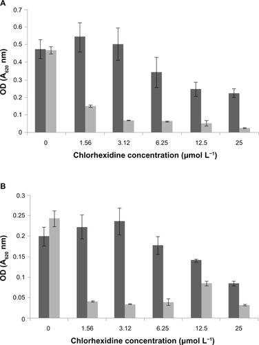 Figure 10 Minimum inhibitory concentrations of CHX and CHX-HMP-5 against (A) MRSA and (B) Pseudomonas aeruginosa.Notes: The dark grey bars represent 25 μmol L−1 CHX; the light grey bars represent CHX-HMP-5. absorbance at 620 nm.Abbreviations: CHX, chlorhexidine; CHX-HMP-5, chlorhexidine hexametaphosphate (5 mmol L−1); MRSA, methicillin-resistant Staphylococcus aureus; OD, optical density.