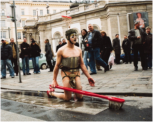 Figure 4. Steven Cohen. Cleaning Time (Vienna) – A Shandeh un a Charpeh. Albertinaplatz #4. Vienna. 2007. Photograph © Marianne Greber/Bildrecht, 2018.