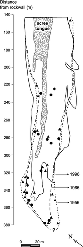 FIGURE 6. Avalanches at stand T-5 mapped based on the position of trees damaged during the 1956 (▴) and 1966 (•) events and on direct field observations after the 1996 event