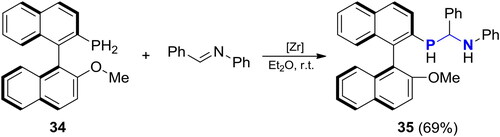 Scheme 22. Zr-catalyzed reaction of N-benzylideneaniline with the phosphine 34.[Citation91]