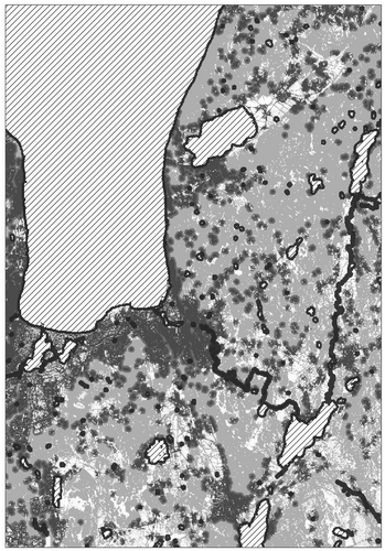 Figure 10. The cost surface over the study area. Note that the hatched areas represent water bodies and their immediate surroundings, which were considered impermeable. Note also that darker shades represent higher cost values