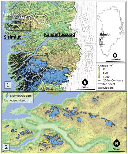 FIGURE 1. Overview of the investigated area and the Sisimiut glaciers. The two nearby towns are indicated with orange dots, and Aqqutikitsoq glacier is highlighted in yellow.
