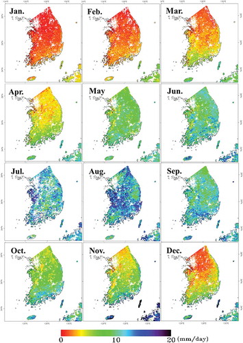 Figure 5. Spatial distribution of monthly estimated ET under all sky conditions in 2012. For full color versions of the figures in this paper, please see the online version.