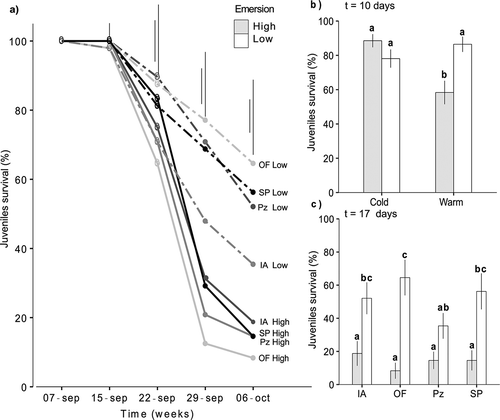 Fig. 4. Survival of juveniles in the first mesocosm experiment. a) Survival over time for each combination of population and emersion treatment (n = 16); b) survival of juveniles 10 days after the start of the experiment for each combination of seawater and emersion temperature (n = 16); c) survival of juveniles 17 days after the start of the experiment for each combination of population and emersion treatment (n = 4). In a) mean values and the smallest and largest SE bars are shown; in b) and c) mean values ± SE are shown. Different lower-case letters above bars indicate significant differences between means based on Tukey post hoc test. Population abbreviations as in Fig. 1