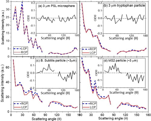 Figure 2. Typical scattering phase functions from single tryptophan particle, PSL microspheres, B. subtilis, and MS2 aggregates using the illuminations of 532 nm LCP (dashed blue line) and RCP (solid red line) laser beams. Insets are their corresponding CIDS phase functions.