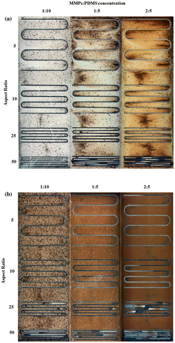 Figure 6. Clear-view MMPs-PDMS casting of (a) 100-μm-thick and (b) 200-μm-thick serpentine microchannels with composite concentrations of 1:10, 1:5, and 2:5 at aspect ratios of 5, 10, 25, and 50.