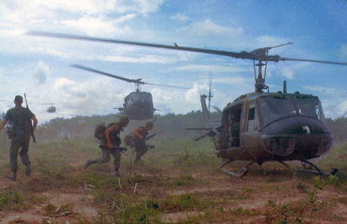 Figure 1. U.S. soldiers are airlifted by UH-1D helicopters on 16 May 1966. Source: U.S. National Archives, Identifier Number 530610. High-resolution image taken from Wikimedia Commons (https://commons.wikimedia.org/wiki/File:UH-1D_helicopters_in_Vietnam_1966.jpg).