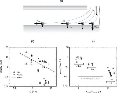 Figure 4. (a) A schematic of the particles impacting with different normal and tangential velocities. Bold arrows represent the maximum values of these components. (b) The velocities corresponding to the onset of rebound as a function of the particle size for ammonium fluorescein particles. The maximum value of the normal velocity component and the jet velocity were determined using simulations. Also the theoretical size dependency of the critical velocity of rebound is shown. (c) The maximum normal velocity normalized with the theoretical critical velocity as a function of the ratio of the maximum tangential and normal velocities. The ratio of the maximum tangential and normal velocities corresponds to the obliquity of the impact. Three different groups of data can be seen.