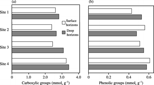 Figure 4  Contents of (a) carboxylic and (b) phenolic groups in humic acids at each depth and at each site.