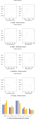 Figure 7. (a) Slight – Severe erosion; (b) Slight – Moderate erosion; (c) Moderate – Severe erosion; (d) Strong – Severe erosion; (e) Ordinal ranking assignment method.