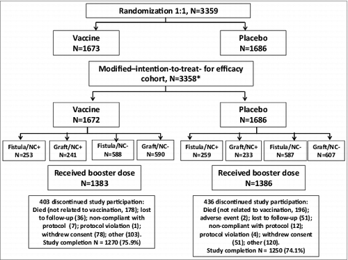 Figure 1. Study flow Randomization was stratified by (1) the use of a native-vessel fistula or synthetic/heterologous graft for vascular access, and (2) the presence (NC+) or absence (NC-) of S. aureus nasal carriage. N = total number of patients within treatment group *One patient was not included in the modified intent-to-treat-or-efficacy cohort due to known serious S. aureus infection within 3 months of injection. Vaccine = S. aureus polysaccharide conjugate vaccine Placebo = phosphate-buffered saline.