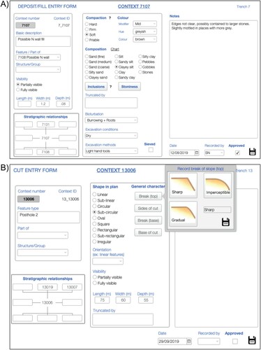 Figure 4. A) Context forms for recording deposits/fills and B) cuts, showing the combined use of text entry, graphics, and help prompts.