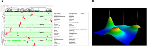 Figure 3 Biclustering analysis of 44 high-frequency keywords-source papers on primary dysmenorrhea. (A) Matrix visualization of biclustering of 44 high-frequency keywords and source papers on primary dysmenorrhea; (B) mountain visualization of biclustering of 44 high-frequency keywords and source papers on primary dysmenorrhea.