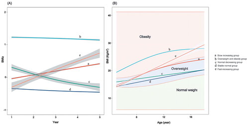Figure 2. Trajectories of BMI in each group under the best-fit model grouping. (A) BMIz and year of enrollment in each group under the best-fit model grouping; (B) BMI level and age under the best-fit model. Solid lines show the five trajectories estimated from the best-fitting growth mixture model. Shadow shows the 95% confidence intervals. Shaded areas indicate normal (green), overweight (blue), and obese body mass index status (red) across the observed period.