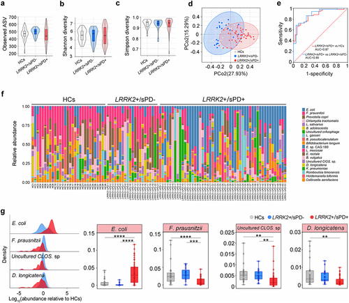 Figure 1. Dysbiosis of intestinal microbiota in LRRK2-associated sPD. (a-c) Boxplots of α-diversity as measured by observed number of ASVs (a), Shannon diversity (b), and Simpson diversity (c) from the fecal microbiota at genus level in terms of 16S rDNA amplicon sequencing among LRRK2+/sPD+, LRRK2+/sPD- and HCs. Box elements show the median, minimum, and maximum values. (d) PCoA plot based on Bray-Curtis dissimilarities of the fecal microbiota at genus levels in terms of 16S rDNA sequencing among LRRK2+/sPD+, LRRK2+/sPD-, and HCs. Ellipses show 95% confidence intervals. (e) ROC analysis based on the levels of E. coli for two-way classification models of LRRK2+/sPD+, LRRK2+/sPD- and HCs. (f) Bar plots of the species levels in fecal samples based on metagenomic sequence analysis among LRRK2+/sPD+ (n = 51), LRRK2+/sPD- (n = 21), and HCs (n = 30). (g) Relative abundance distributions of fecal microbiota at species levels in terms of metagenome sequencing among LRRK2+/sPD+, LRRK2+/sPD-, and HCs (left). Data are expressed as the median, minimum, and maximum (right). The following n values represent the number of independent individuals for statistical evaluation: (a-e, g), LRRK2+/sPD+ = 51, LRRK2+/sPD- = 21, HCs = 30. Data are analyzed by Permutational Multivariate analysis of Variance (PERMANOVA) (d), one-way ANOVA with Tukey’s multiple comparison test (a-c, e), and covariate-adjusted random coefficient regressions (g). *p < .05, **p < .01, ***p < .001, ****p < .0001.