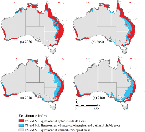 Figure 12. CSIRO-Mk3.0 (CS) and MIROC-H (MR) overlaid map of future distribution of peanut crops in Australia under climate scenarios of the SRES A2.