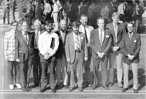 Figure 25. A photograph of the team of 10 panellists and speakers at the ‘Forum on Dinoflagellates’ organised by Bill Evitt and held on the first day of the 6th Annual Meeting of the AASP at Anaheim, California. This forum took place on 16 October 1973, and the panel held a discussion on dinoflagellate cyst biostratigraphy and related topics during the afternoon. The members of the panel are, from left to right: Lewis E. Stover, Warren S. Drugg, Marcel E. Millioud, Graham L. Williams, Geoffrey Norris, David Wall, William A.S. Sarjeant, Bill Evitt, David J. McIntyre and Wayne W. Brideaux. This image is from Evitt (Citation1975d, p. v), and is reproduced with the permission of AASP – The Palynological Society.