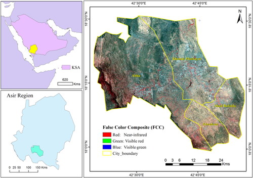 Figure 1. Study Area map of Abha, Khamis Mushayet, Alwadean and Ahad Rufaida cities.