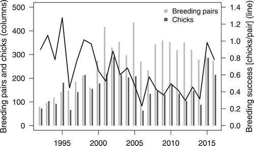 Figure 2. Number of breeding pairs, number of chicks in late summer and reproductive success of Great Crested Grebes on Lake Sempach 1992–2016.
