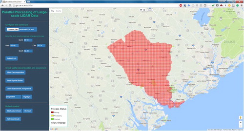 Figure 8. The online user interface of the prototype and the tile boundaries (red rectangles) of the LiDAR data for Colleton County in South Carolina.