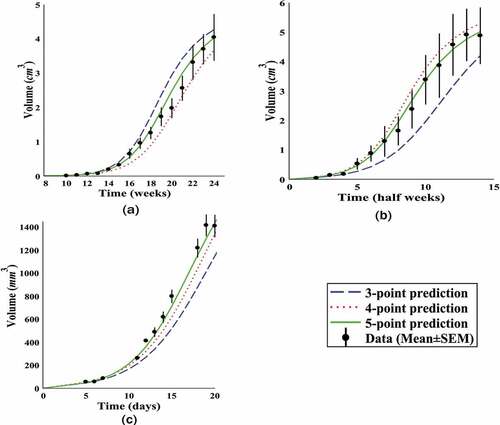 Figure 4. Predicting future growth. The performance of competitive model in growth prediction of given tumours in Figure 3 with w=0.5. n-point prediction means the prediction of tumour growth using n primitive data as the known data.