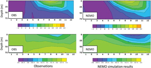 Fig. 8 Time series over the annual cycle for water temperature (°C; upper panels) and salinity (lower panels) at (60.9833°W, 47.0333°N) for observations (left panels) and simulation results (right panels). The location is indicated in Fig. 1.