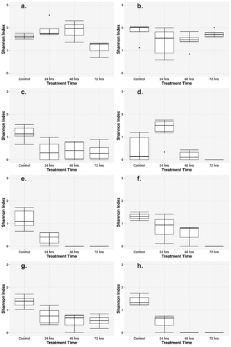 Figure 3. Longitudinal change of microbiome diversity after antibiotic treatment. Time-dependent change of the microbiome diversity, calculated as the Shannon diversity index based on bacterial abundances from Metaphlan3. (a) Low-dose ciprofloxacin. (b) Low-dose fosfomycin. (c) Low-dose combination ampicillin, ciprofloxacin. (d) High-dose combination ampicillin, ciprofloxacin. (e) High-dose combination ampicillin, fosfomycin. (f) High-dose combination ciprofloxacin, fosfomycin. (g) Triple combination low-dose ampicillin, ciprofloxacin, fosfomycin. (h) Triple combination high-dose ampicillin, ciprofloxacin, fosfomycin. Combination treatment at a higher dose caused a greater decrease in diversity, whereas low-dose treatments caused a less detectable decline after 72 h. Low-dose monotherapy treatments saw little to no change in diversity.