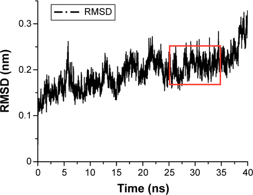 Figure S1 The RMSD of the backbone atoms of the complex with respect to its initial structure during 40 ns MD simulation. The part enclosed in red (25–35 ns) indicates equilibrium.