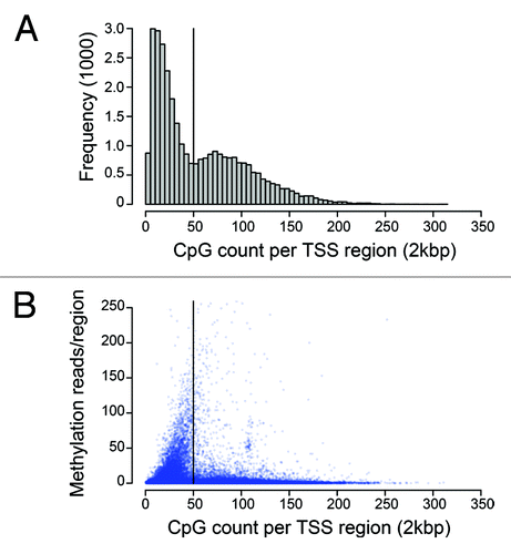 Figure 2. TSS region CpG content and methylation distribution. (A) Histogram of TSS (+/− 1000 bp) region CpG content frequency for all genes. (B) Scatter plot of relative methylation level in male mouse cerebellum by TSS region CpG content according to methyl-miner enrichment.