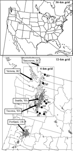 Figure 1. Top: Modeling domains with horizontal grid-spacing resolutions of 36 and 12 km, respectively. Bottom: Modeling domains with horizontal grid-spacing resolutions of 12 and 4 km, respectively. Black dots represent the location of the 4-km-domain ozone monitoring sites: (a) Issaquah, (b) North Bend, (c) Enumclaw, (d) Jackson Visitor Center, (e) Pack Forest, (f) Tahoma Woods Admin, (g) Casino Drive/North End, and (h) Custer/Loomis. Urbanized U.S. areas are shown in gray.