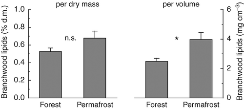 Figure 6 Lipid (acylglycerols) concentrations in branch sapwood of P. abies sampled in midwinter (January) at the reference forest and the permafrost site as estimated from measurements of esterified glycerol (see Material and methods for details). Concentrations are given on a percent dry matter basis on the left, and on a volume basis on the right side. Values are means of five replicates + standard error. Differences between sites were tested for significance by Student's t-test (n.s., not significant; ∗, P < 0.05).