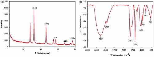 Figure 2. (a) XRD pattern of AgNPs synthesized using oilcake extract. (b) FTIR spectra of AgNPs synthesized using COC extract.