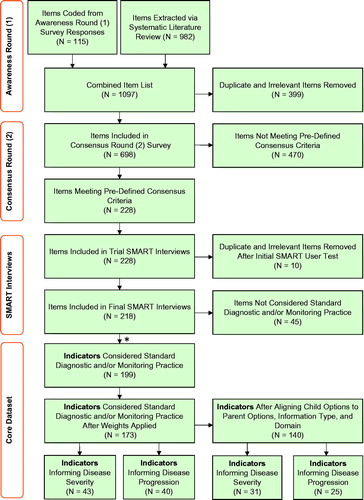 Figure 4. Flow diagram illustrating the attrition of the clinical items and indicators throughout the project timeline. *Items from SMART interviews that were considered by >50% of the experts to be part of the Standard Diagnostic and/or Monitoring Practice (SDMP) were included as Indicators at the Core Dataset stage.